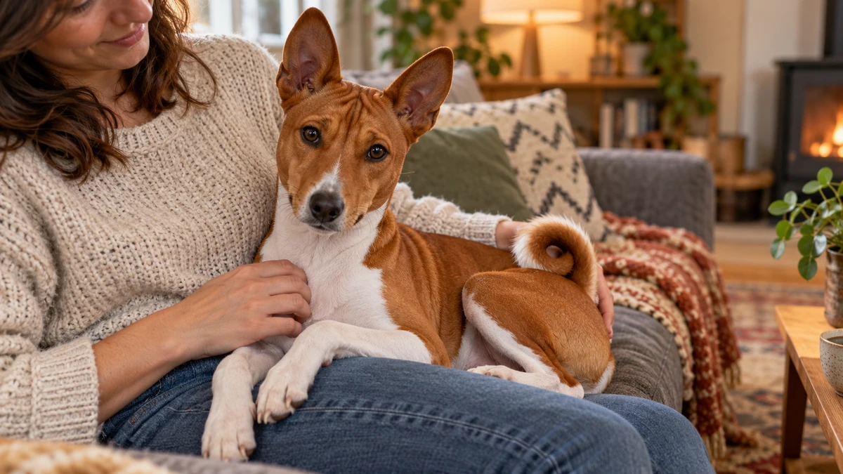 Basenji köpek — sahibinin kucağında