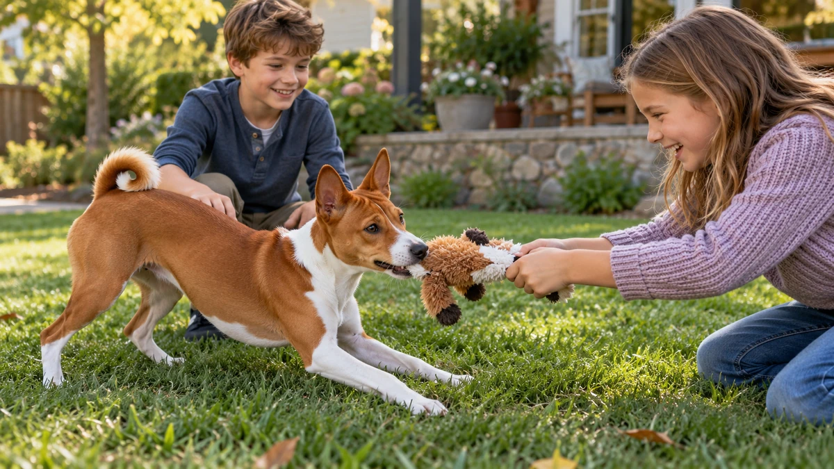 Basenji köpek — çocuklarla oyun