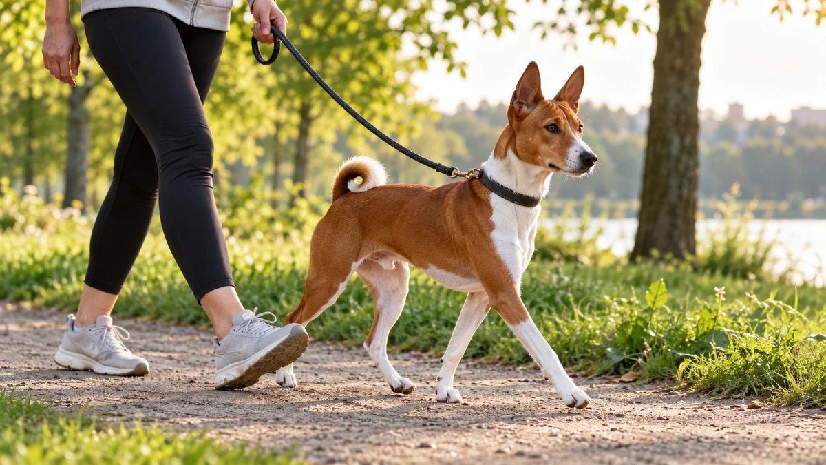 Basenji köpek — parkta yürüyüş ve egzersiz